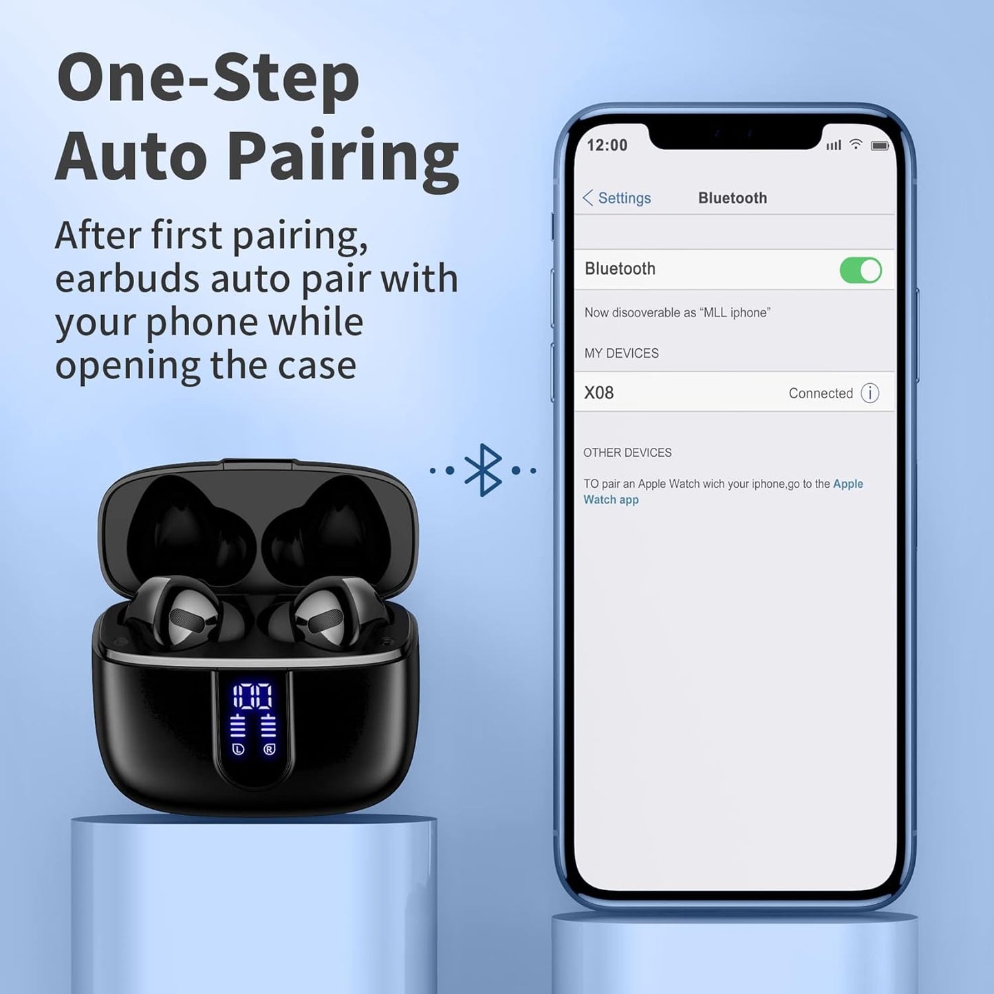 Bluetooth Headphones True Wireless Earbuds 60H Playback LED Power Display Earphones with Wireless Charging Case IPX5 Waterproof In-Ear Ear Buds with Mic for TV Smart Phone Laptop Computer Sports