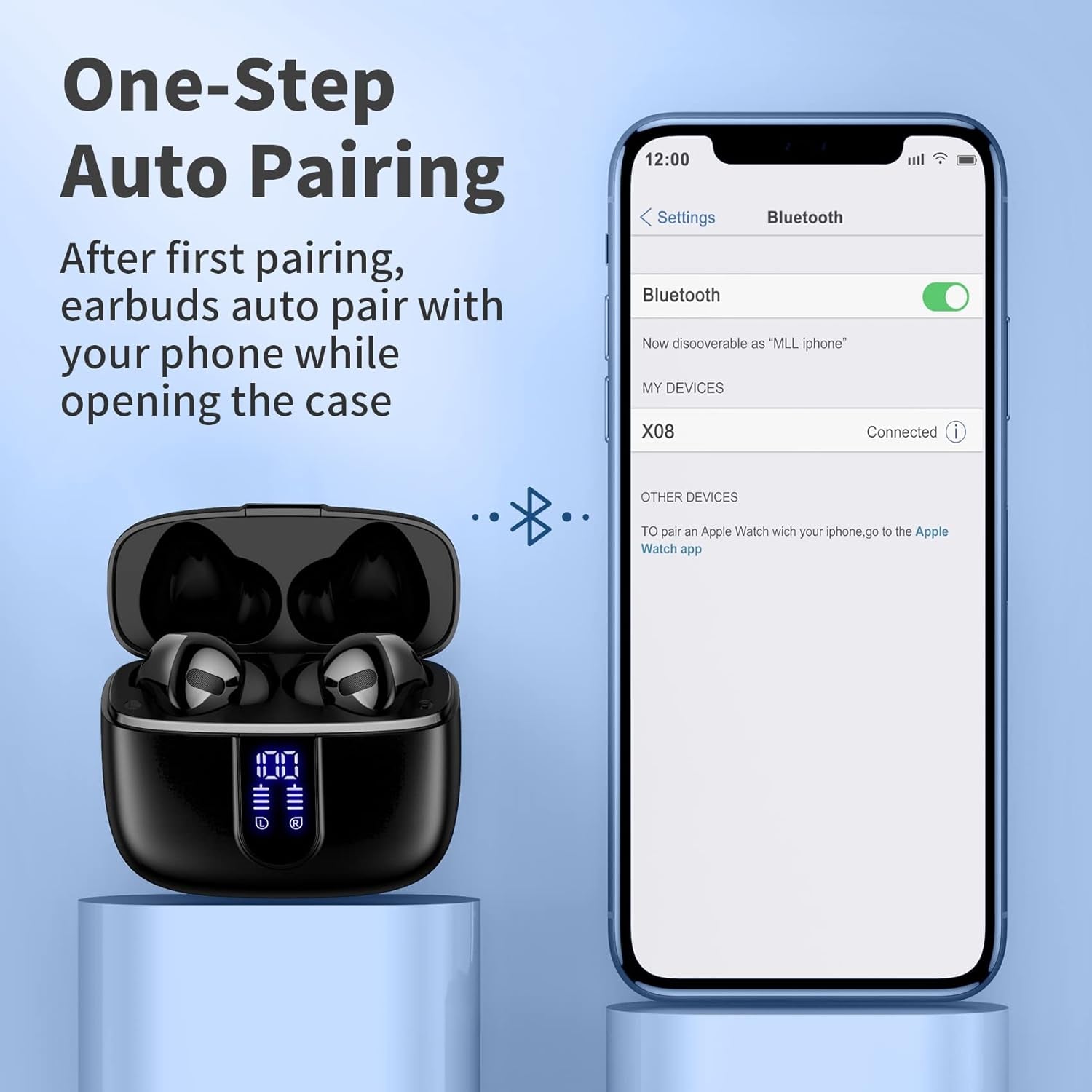 Bluetooth Headphones True Wireless Earbuds 60H Playback LED Power Display Earphones with Wireless Charging Case IPX5 Waterproof In-Ear Ear Buds with Mic for TV Smart Phone Laptop Computer Sports