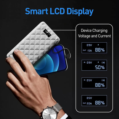 Portable Charger 10000Mah Power Bank Ultra Slim Charger with PD 18W Built in USB C Cable and Cable Compatible with Iphone 14/13 Pro Max/12/12 Mini/Pro Max 11/X/Samsung S20 Galaxy, and More
