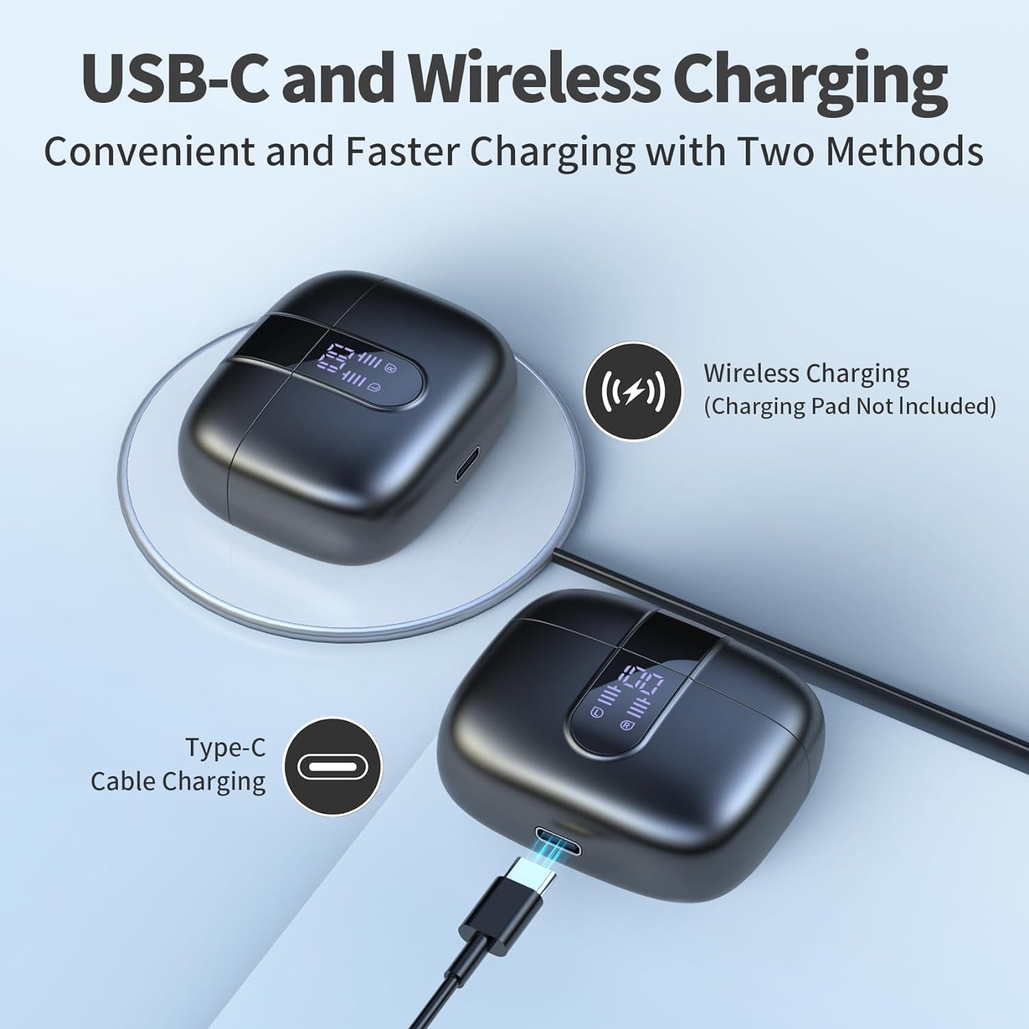 Bluetooth Headphones True Wireless Earbuds 60H Playback LED Power Display Earphones with Wireless Charging Case IPX5 Waterproof In-Ear Ear Buds with Mic for TV Smart Phone Laptop Computer Sports