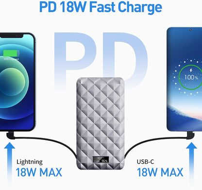 Portable Charger 10000Mah Power Bank Ultra Slim Charger with PD 18W Built in USB C Cable and Cable Compatible with Iphone 14/13 Pro Max/12/12 Mini/Pro Max 11/X/Samsung S20 Galaxy, and More