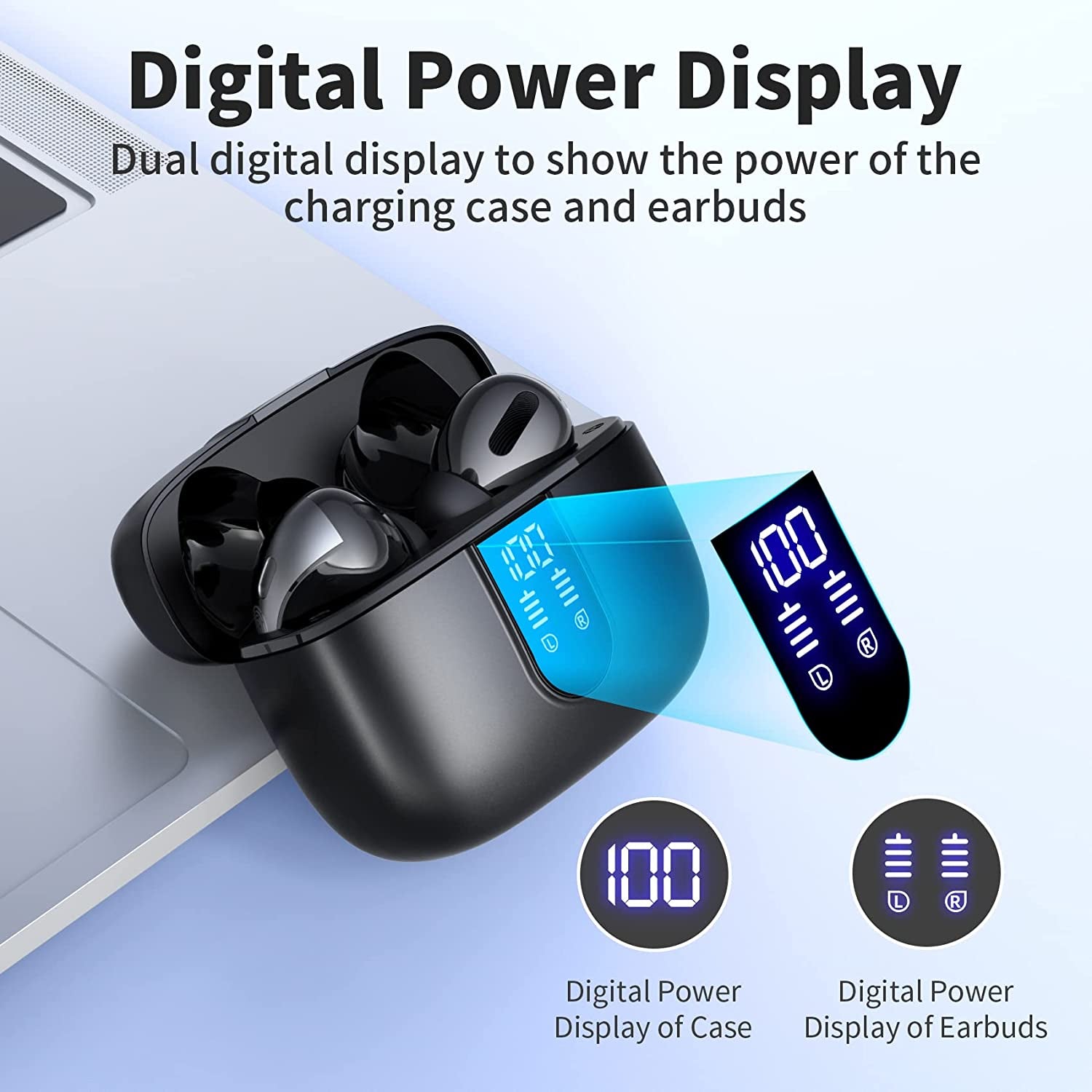 Bluetooth Headphones True Wireless Earbuds 60H Playback LED Power Display Earphones with Wireless Charging Case IPX5 Waterproof In-Ear Ear Buds with Mic for TV Smart Phone Laptop Computer Sports